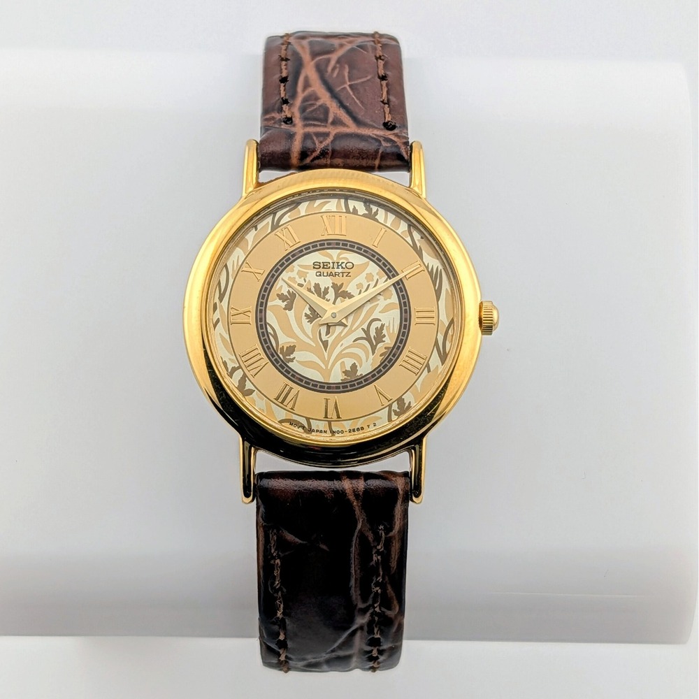 Seiko Vintage Quartz 1N00-0D59 Gold Tone Floral Dial Roman Numeral Women's Watch